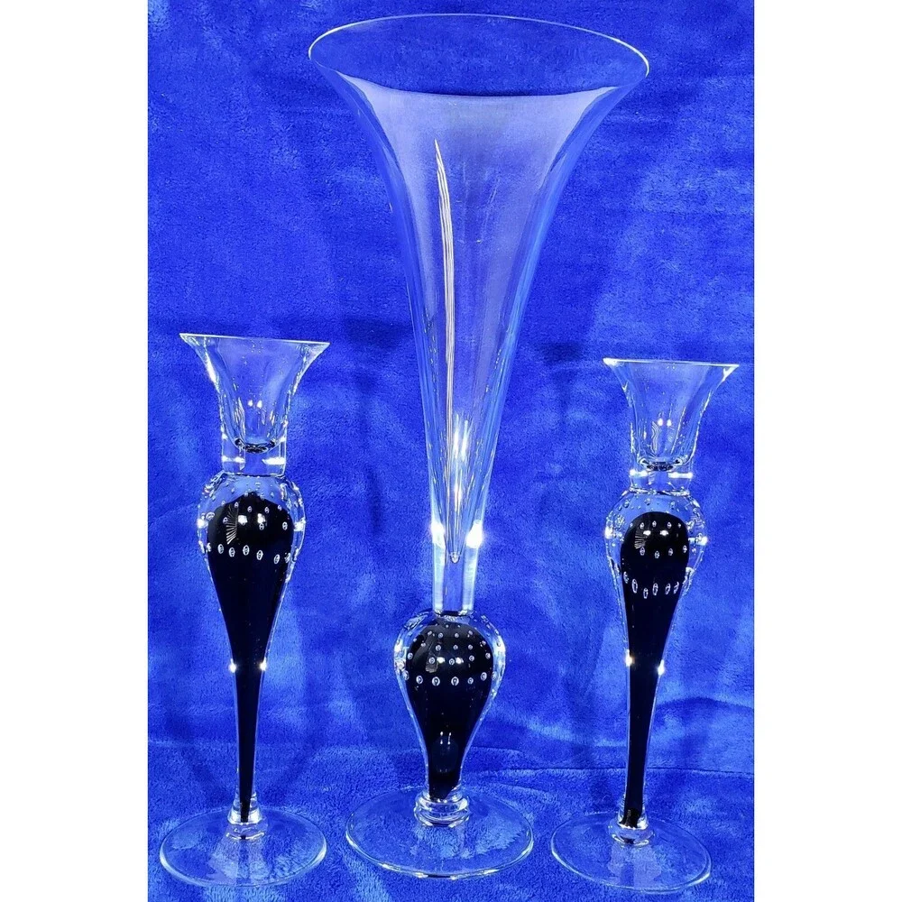 Beautiful Signed Clear Controlled Bubble Glass Trumpet Vase & Candle Holders